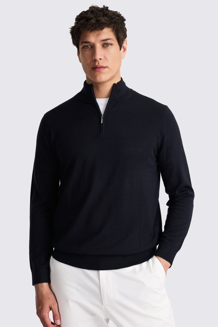 Navy Merino Zip-Neck Jumper